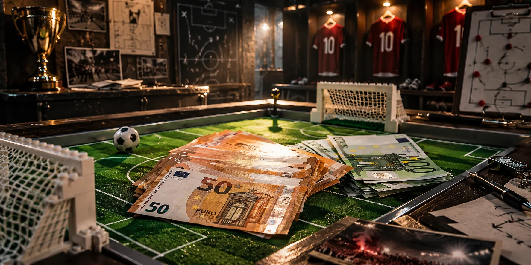 The Manager Escape Room Stuttgart – Miniatur-Fußballfeld mit Euro-Scheinen, Pokal und Trikots in der Vereinskabine