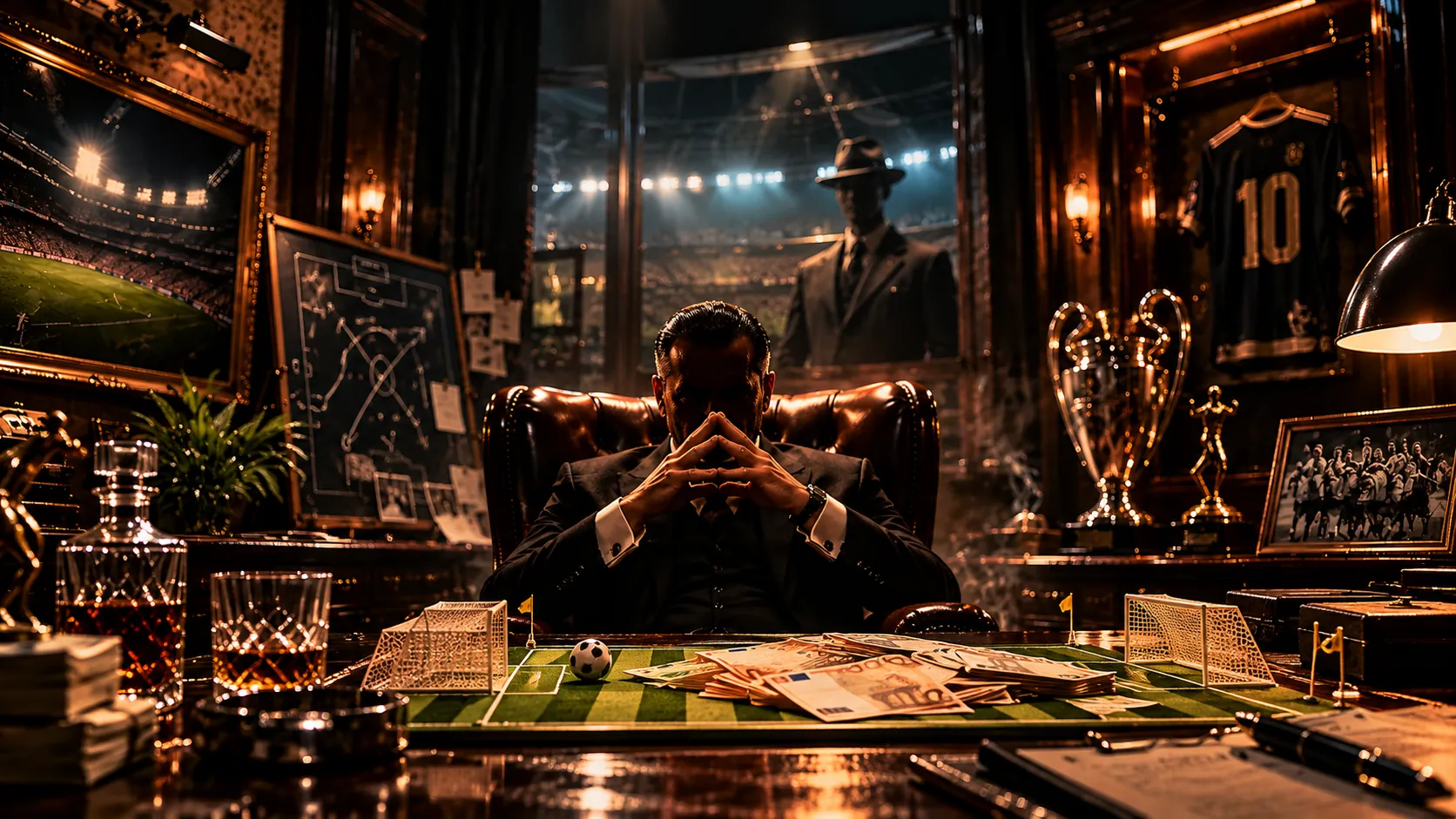 The Manager Escape Room Stuttgart – düsteres Fußballmanager-Büro mit Pokalen, Trikot Nr. 10 und Taktiktafel