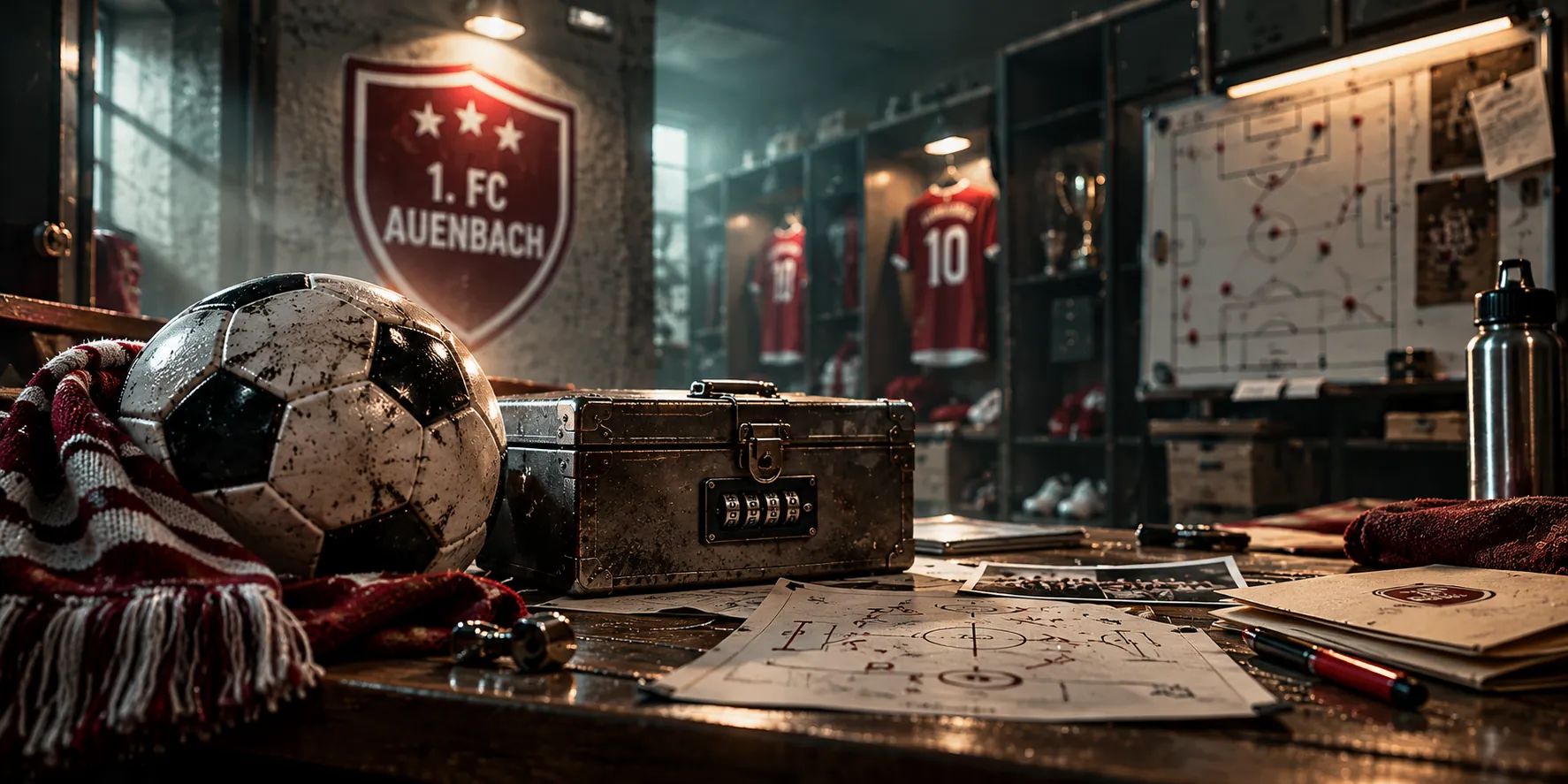 The Manager Escape Room Stuttgart – Fußball-Kabine mit Ball, Fanschal, Tresorkoffer mit Zahlenschloss, Taktiktafel und Trikots des 1. FC Auenbach