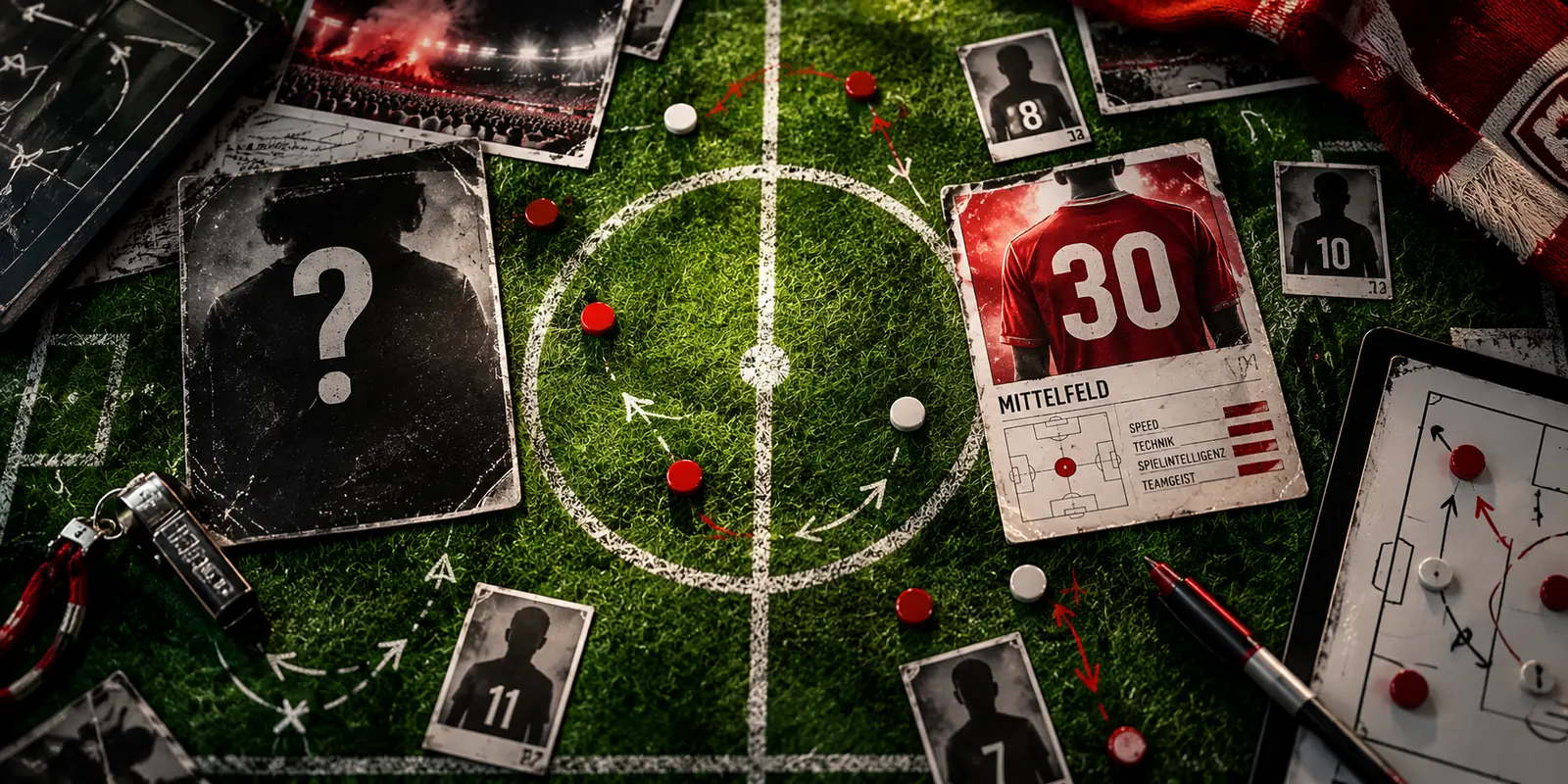 The Manager Escape Room Stuttgart – Taktikbrett mit Spielerkarten und Aufstellung