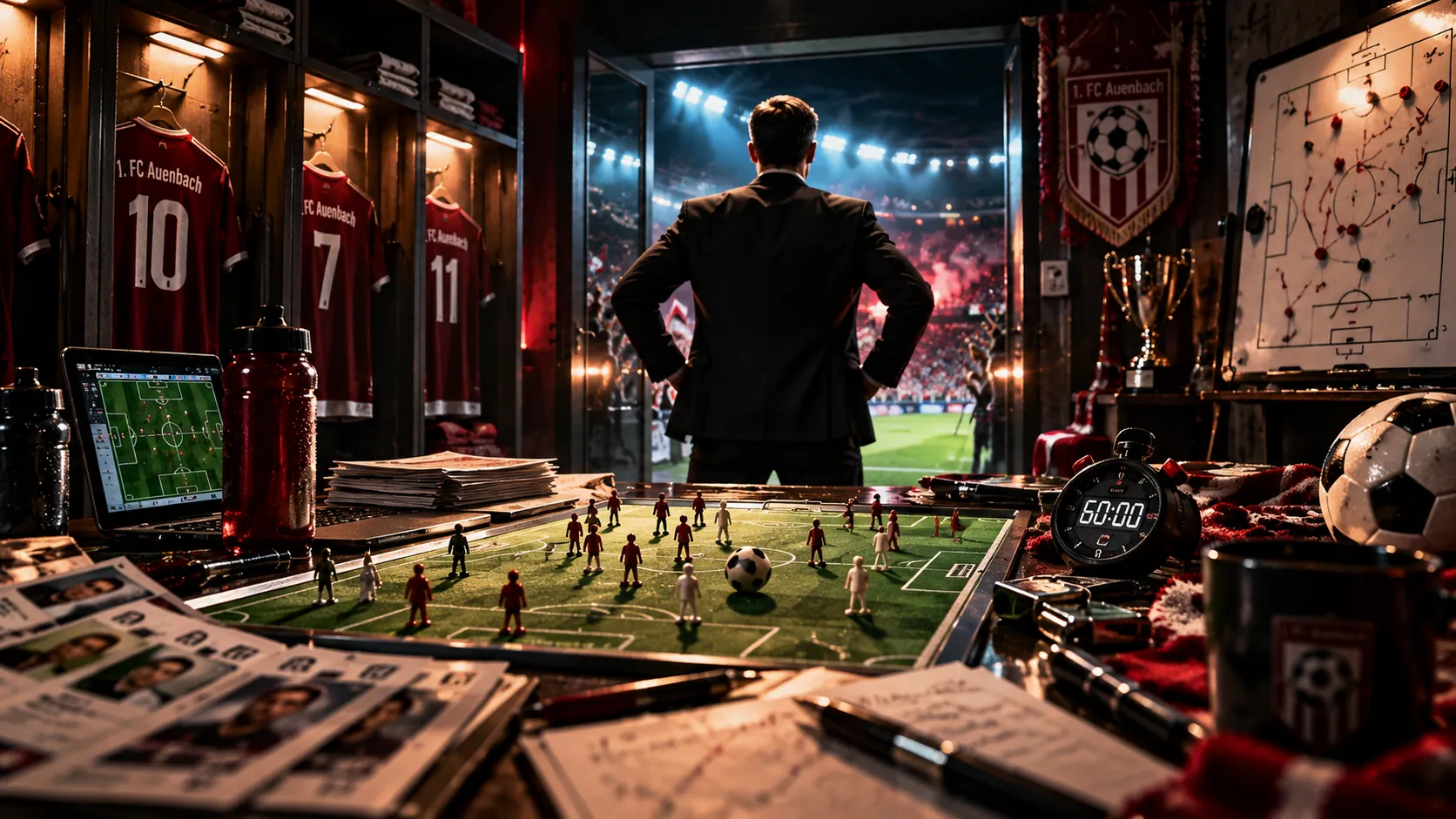 The Manager Escape Room Stuttgart – Manager blickt vor dem großen Spiel von der Kabine ins Stadion, Taktikfeld mit Spielfiguren, Stoppuhr und Trikots